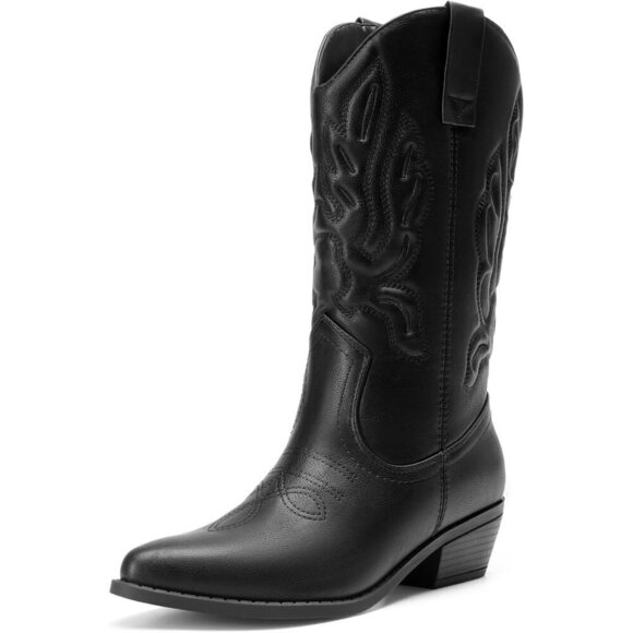 Shoes - Women's Black Mid Calf Western Embroidery Stitched Faux Leather Cowgirl Boots